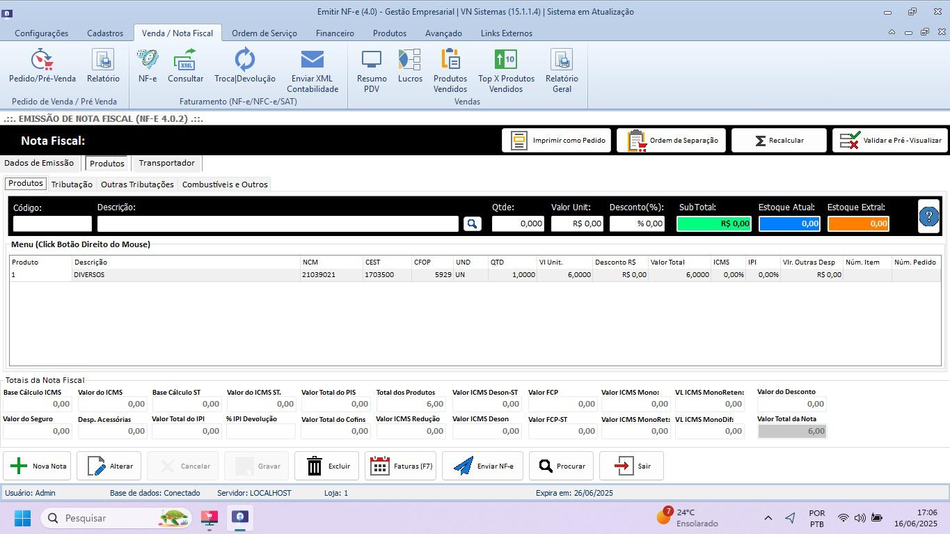Tela de Emissão de NF-e 55 na Retaguarda