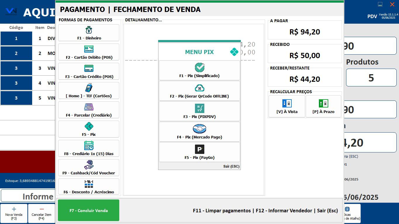 Tela de Recebimento e Conclusão de Venda no PDV