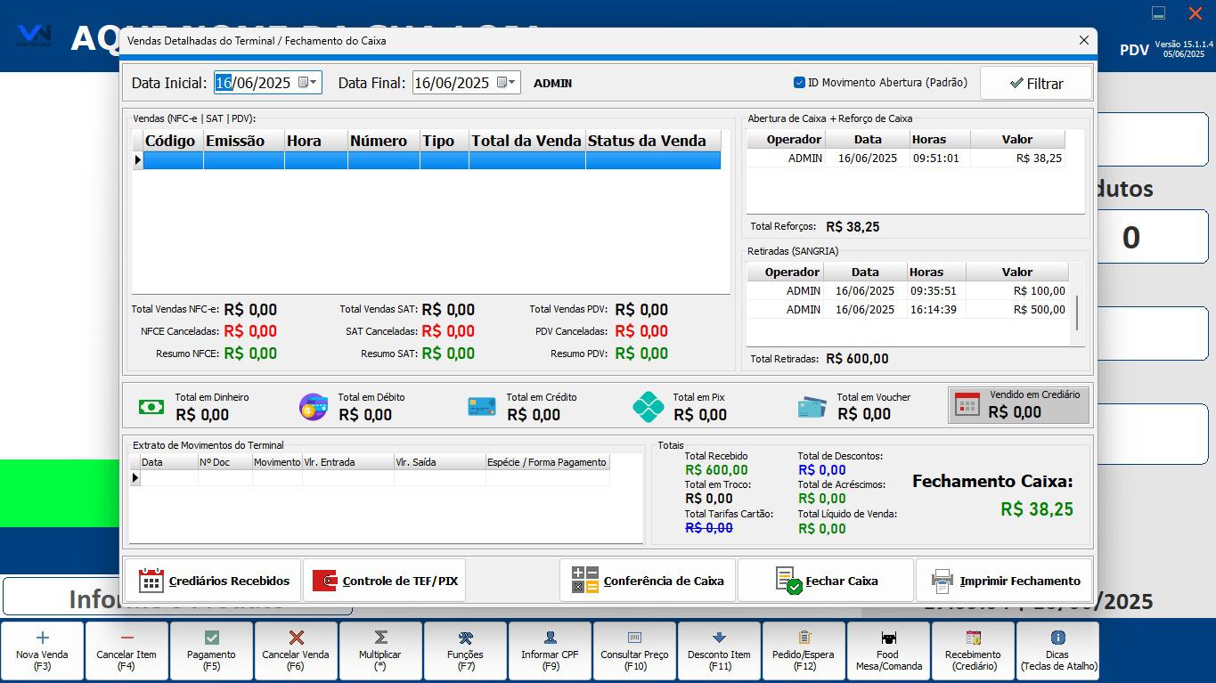 Tela de Fechamento de Caixa no PDV