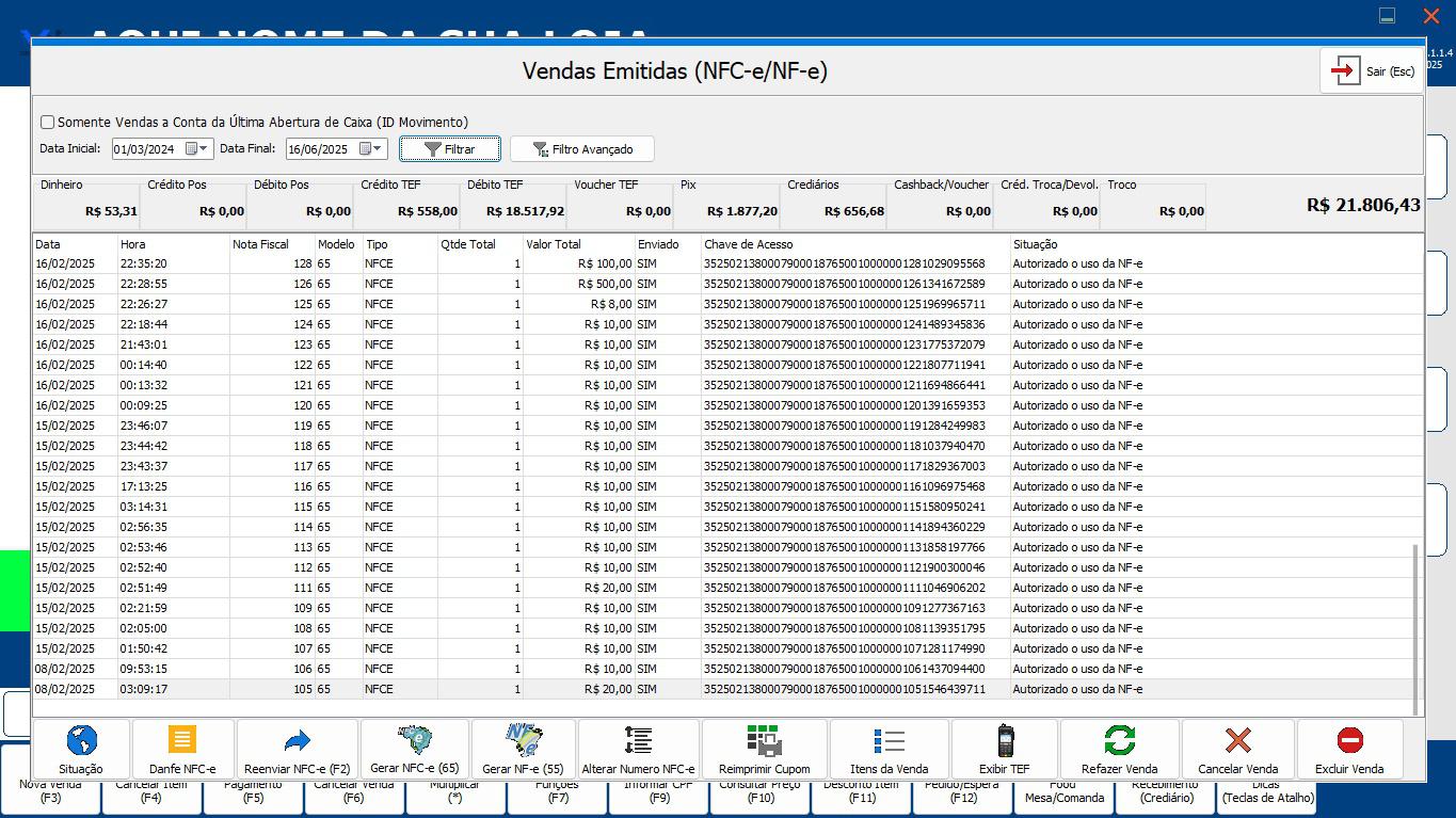 Tela de Vendas Emitidas no PDV